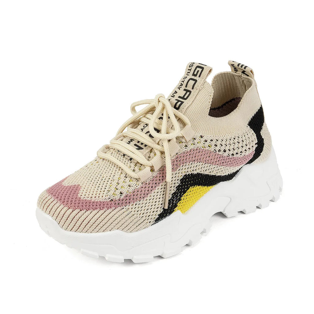 Women's lightweight casual sports shoe with mesh upper, PVC sole, and front lace-up in Black White colour