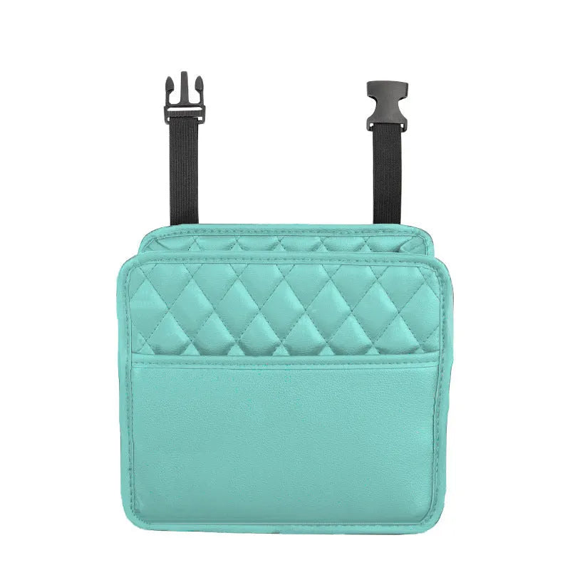 Black leather car interior hanging storage bag with straps measuring 25cm