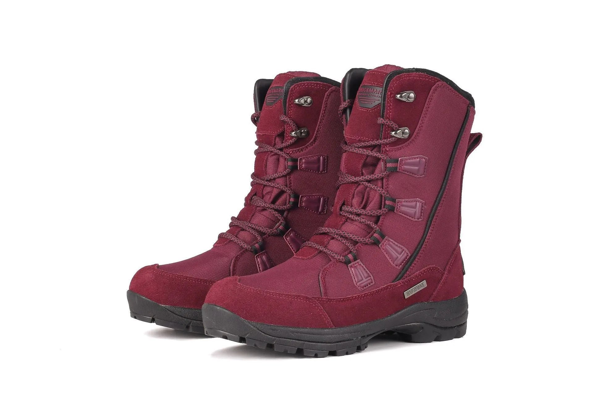 Women's black mid-calf snow boots with a round toe and genuine leather upper on a rubber sole.