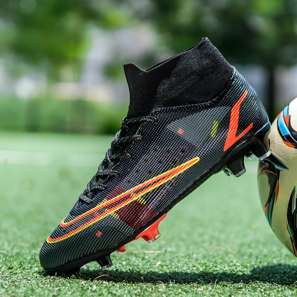 High top AG football boots for artificial turf with non-slip rubber outsole and elastic fit.