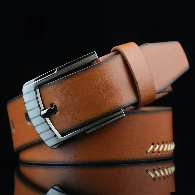 Men's threading casual belt with pattern design and pin buckle in black colour