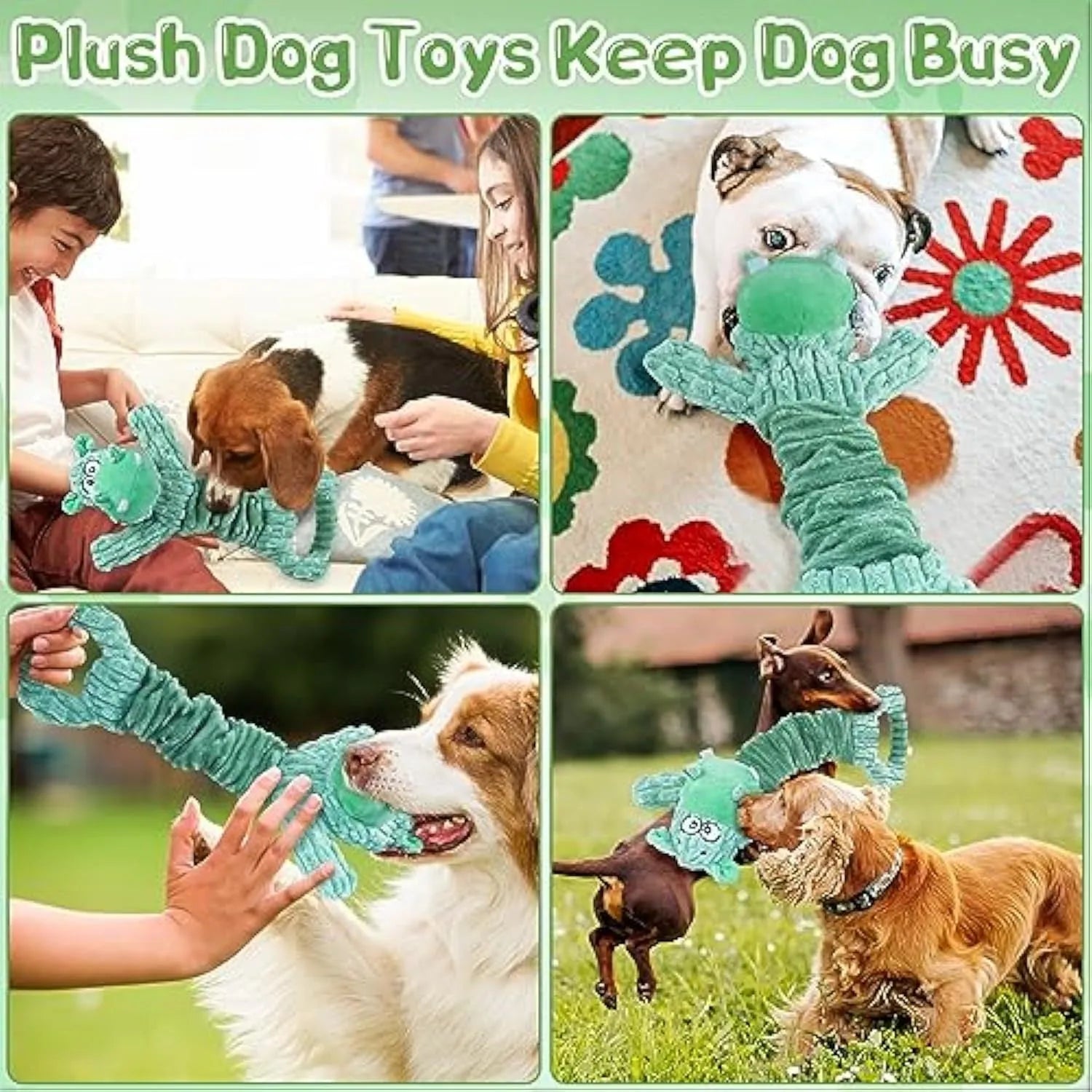 Large plush dog toy with tug handle in hippo or monkey design for interactive play