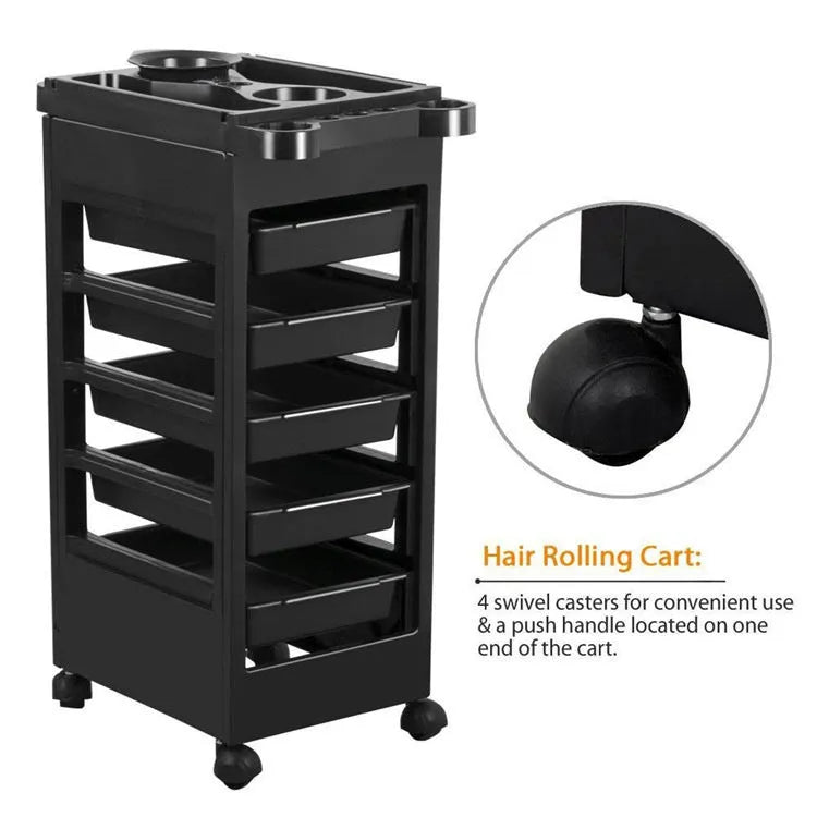 Black plastic 6-layer hair salon tool car trolley with multi-purpose storage