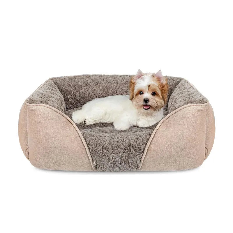 Golden retriever print plush pet kennel bed with raised sides, shown in beige colour.