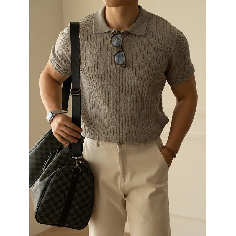 Man's short-sleeve business top in khaki, black, or white, featuring a mixed fabric blend for office wear.