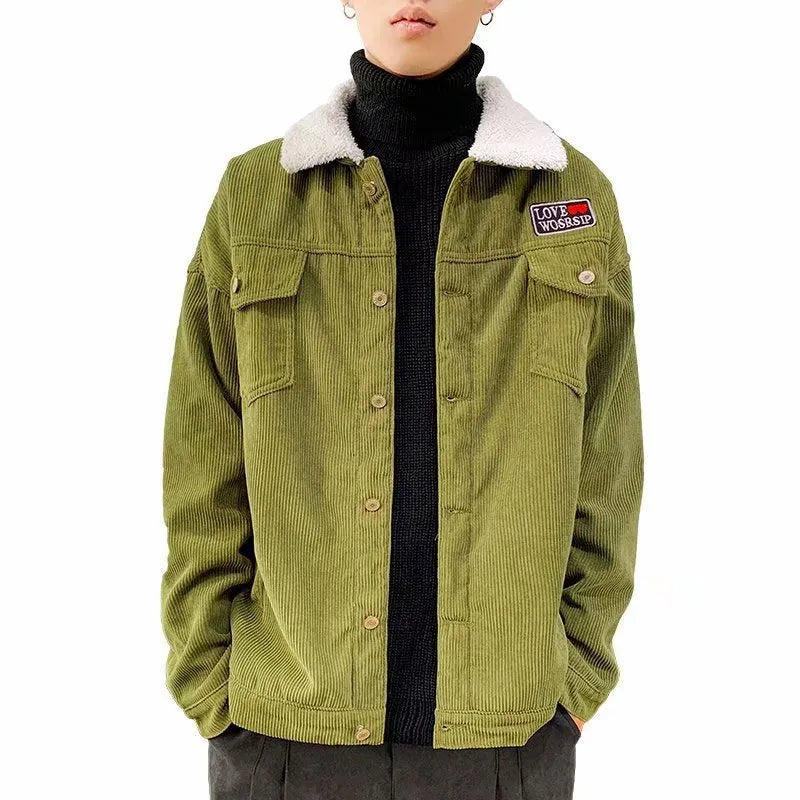 Men's loose-fit corduroy workwear jacket in khaki colour with regular sleeves and stick pocket