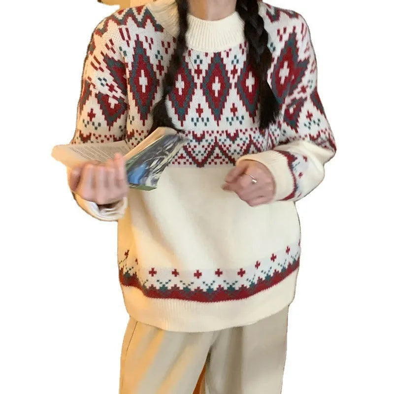 Red and white striped loose retro pullover knitted top with long sleeves.