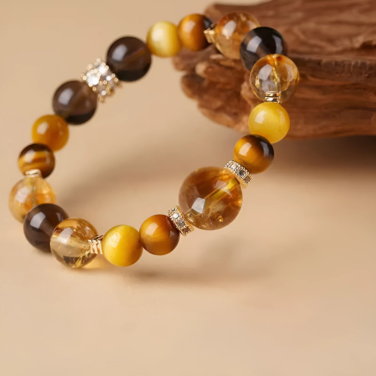 Natural yellow tower crystal and tiger-eye geometric bracelet with 10mm or 12mm bead options