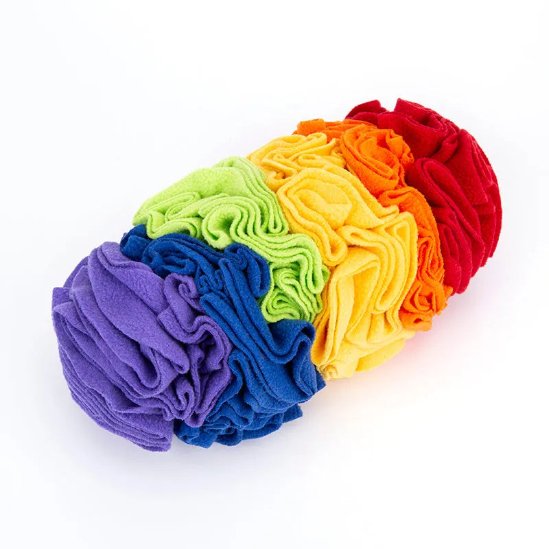 Dog snuffle pad in rainbow colour with polar fleece strips on a light background, 25x15cm size