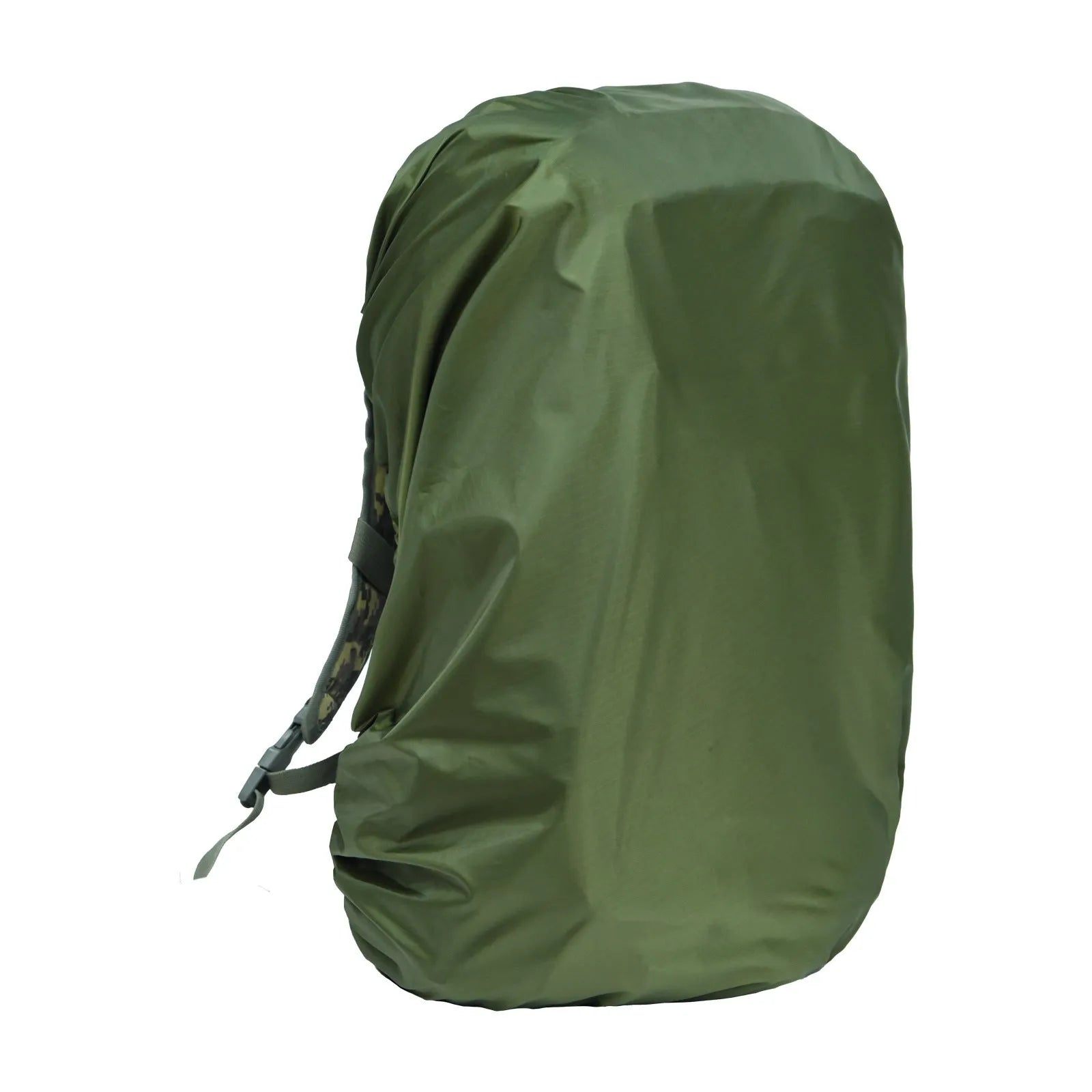 Army green waterproof rain cover for an 80-litre outdoor backpack.