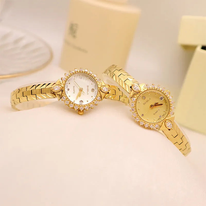 Women's quartz bracelet watch with gold dial and 5A diamond embossed pattern