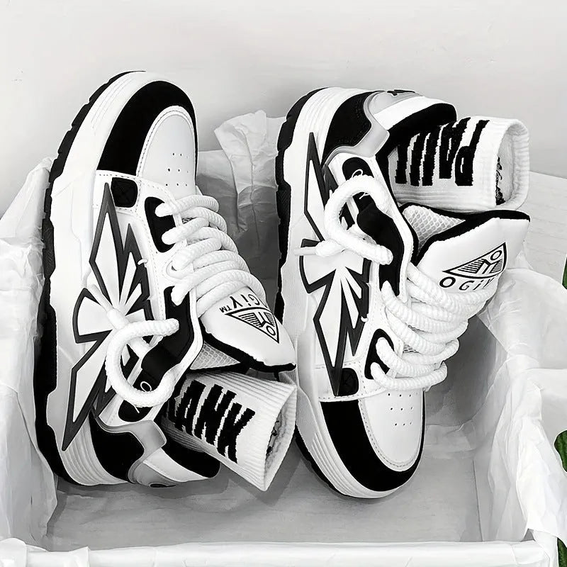 Men's white chunky sneakers with a cartoon pattern, round toe, and thick rubber sole on a plain background.