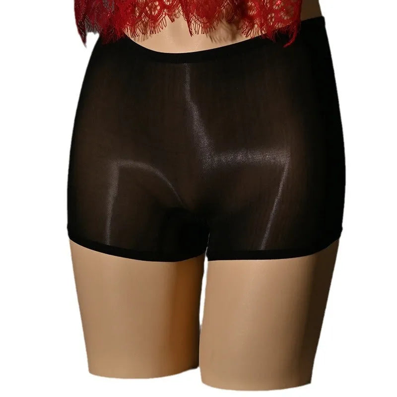 Men's shiny nylon underwear stockings showing mid waist design and seamless construction in multiple colour options