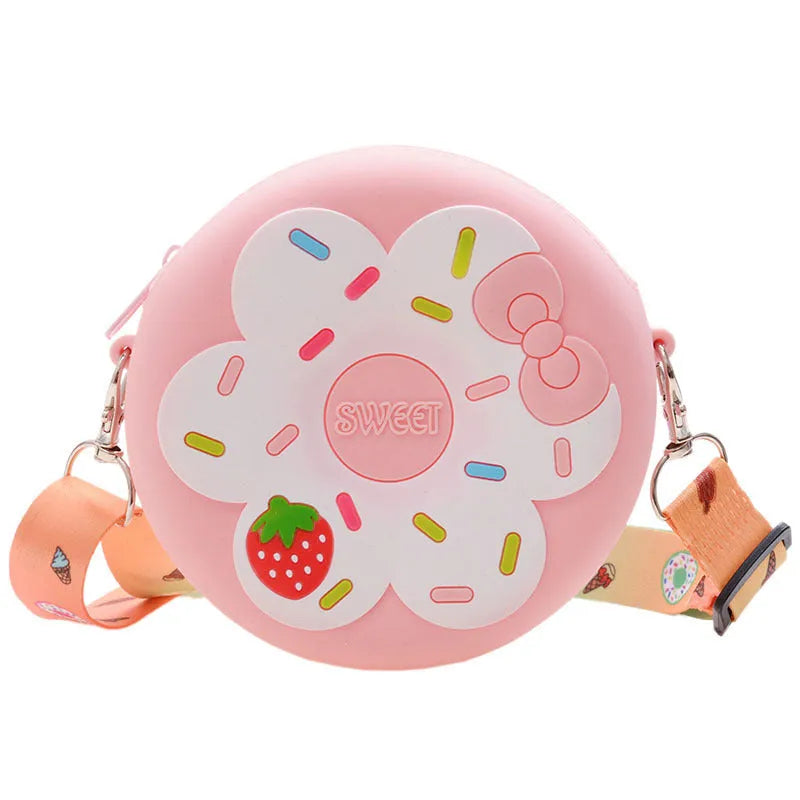 Silicone children's coin purse in round yellow with cartoon donut pattern and crossbody strap