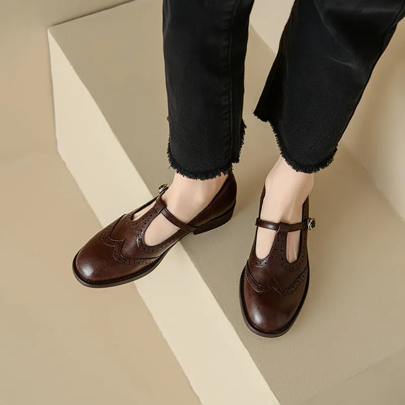 Retro round toe Mary Jane shoes for women, genuine leather upper, T-bar strap, black colour