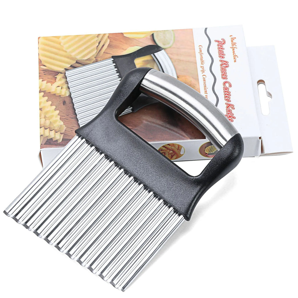 Stainless steel potato wave knife with black handle on a wooden kitchen surface.