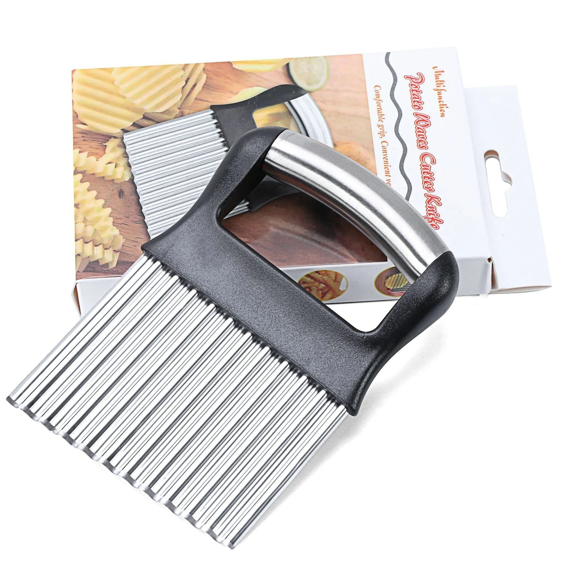 Stainless steel potato wave knife with black handle on a wooden kitchen surface.