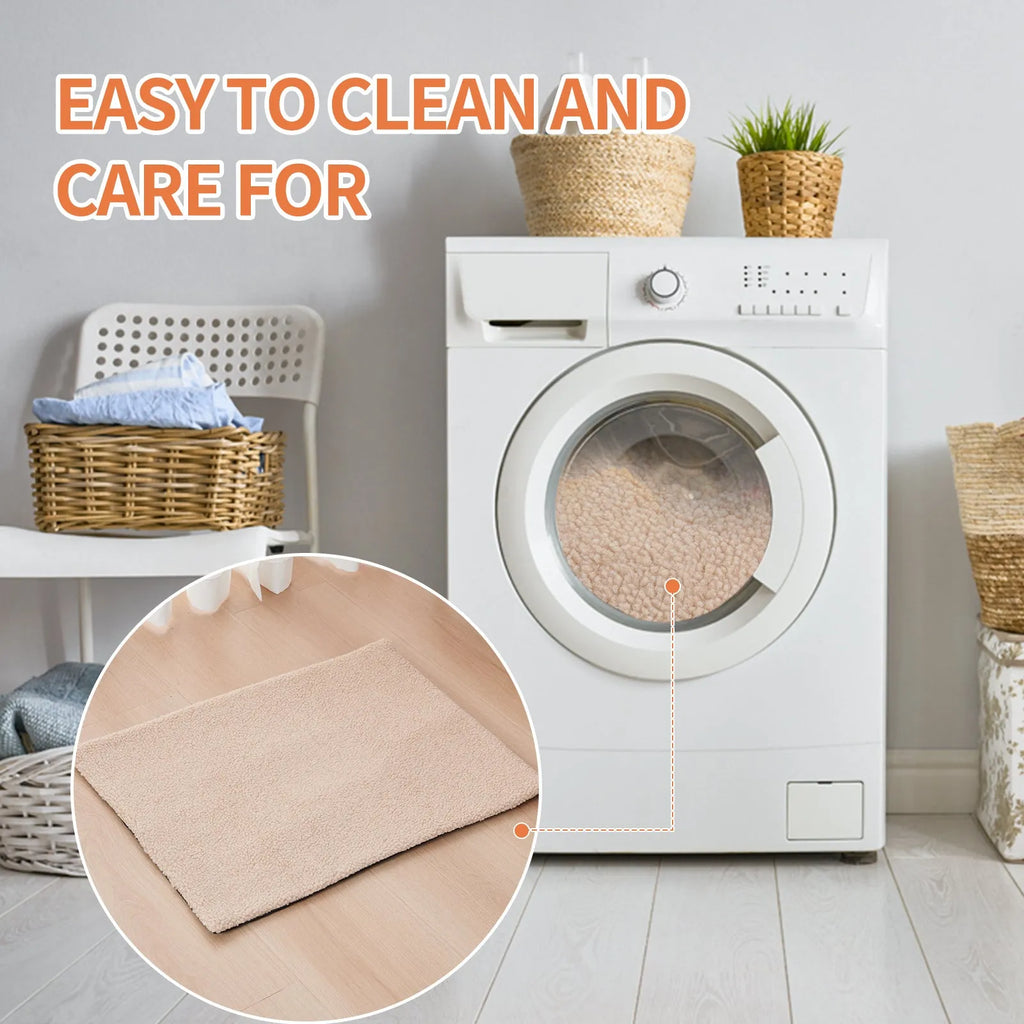 Grey self-heating plush pet pad for cats on a wooden floor