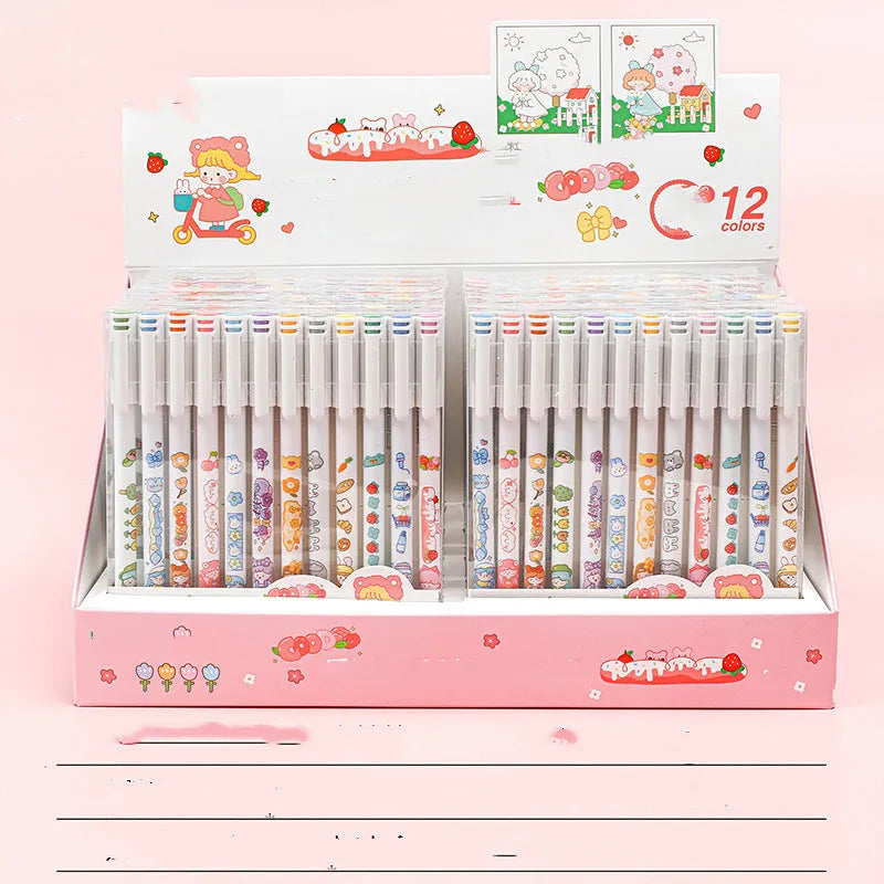 Twelve colourful gel pens with 0.5mm tips arranged in cartoon packaging for hand accounting
