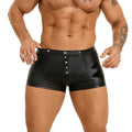 Black men's U pouch boxer shorts in PU leather, showing front design.