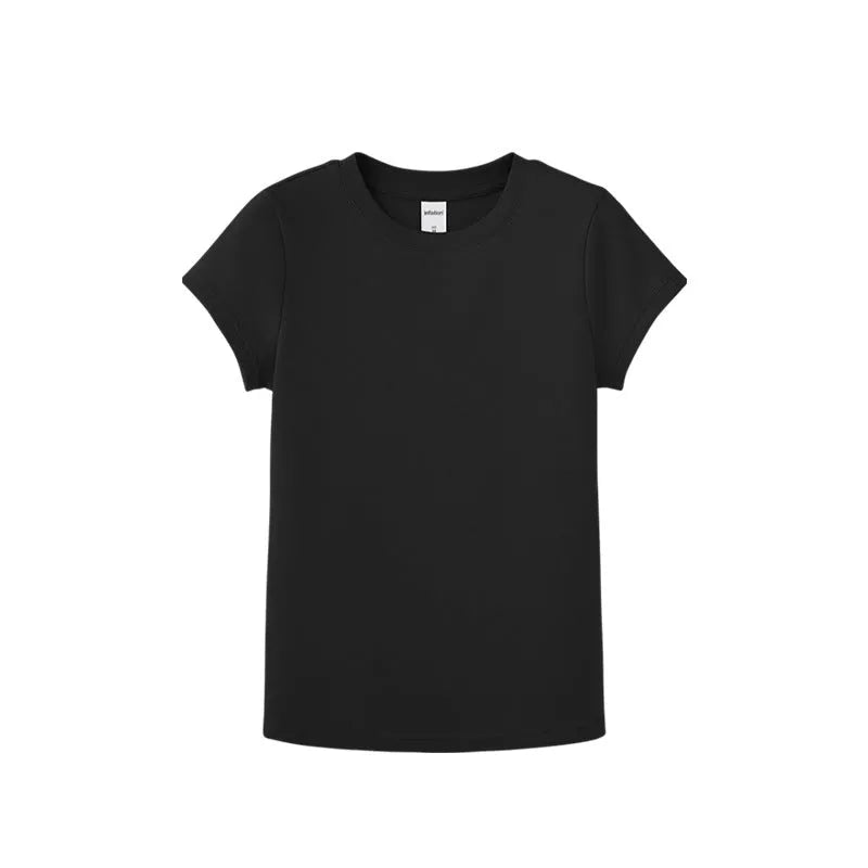 Slim fit stretch t-shirt set including a vest, men's short sleeve, and women's short sleeve top in assorted colours.
