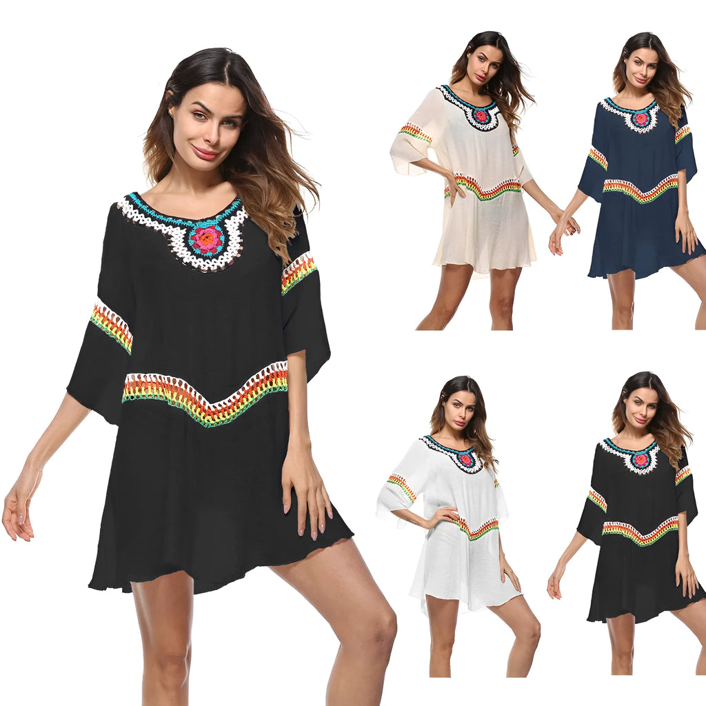 Crocheted ethnic style beach cover-up top in apricot colour for sun protection