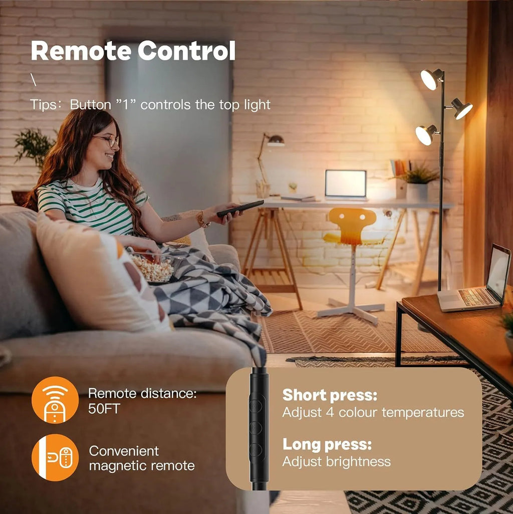 Adjustable metal floor lamp with remote control, 170cm tall, black finish, in a living room setting