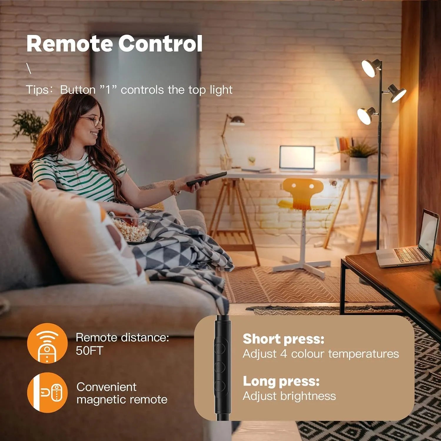 Adjustable metal floor lamp with remote control, 170cm tall, black finish, in a living room setting