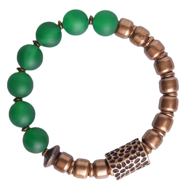 Retro ethnic style couples bracelet made from natural crystal and green agate stone beads.
