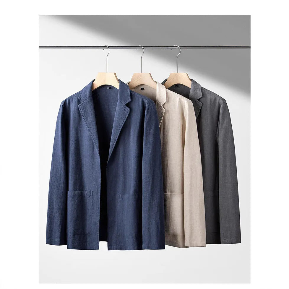 Solid colour linen long sleeve leisure suit jacket for men in apricot with button front