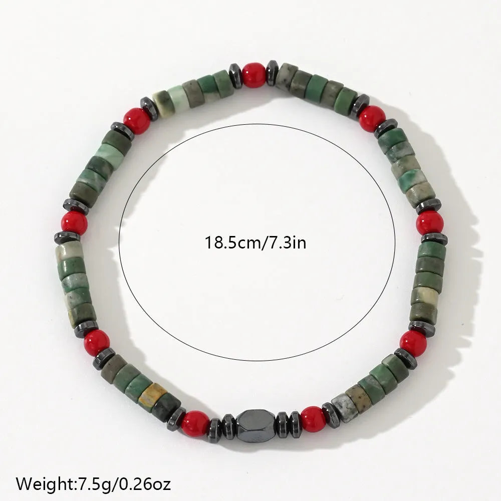 Bohemian style bracelet with cylindrical natural stone beads on an adjustable string for men.