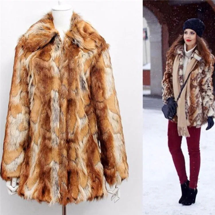 Women's slim-fit faux fur jacket with a full tiger pattern print, showing long sleeves and a medium length.