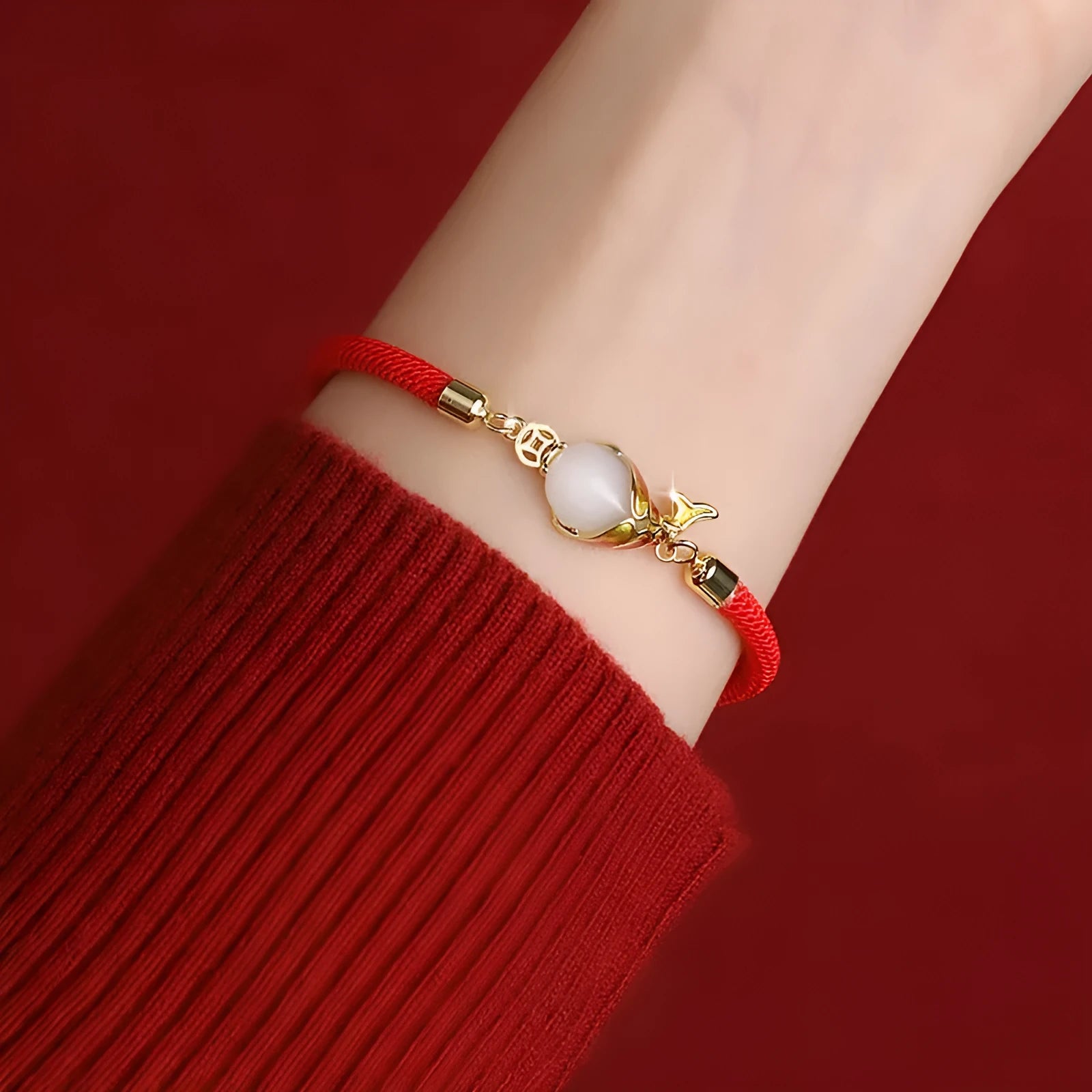 Lucky koi red electroplated copper necklace and matching hand strap bracelet set with carp charm.