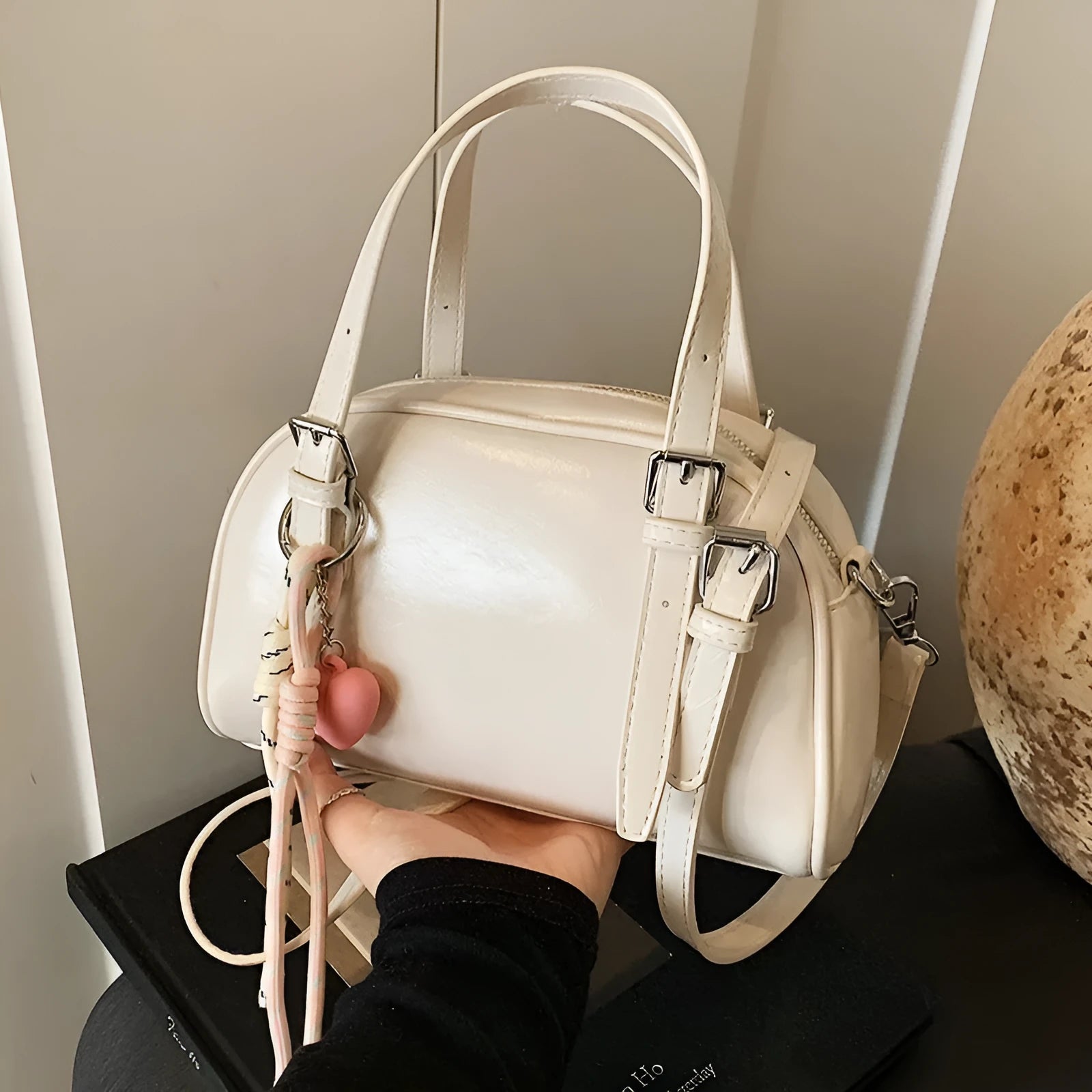 Korean-style square shell shoulder bag in soft PU leather with optional pendant decoration