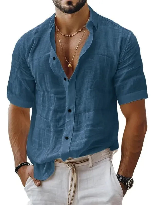 Men's solid colour lapel shirt with short sleeves in cotton linen blend fabric