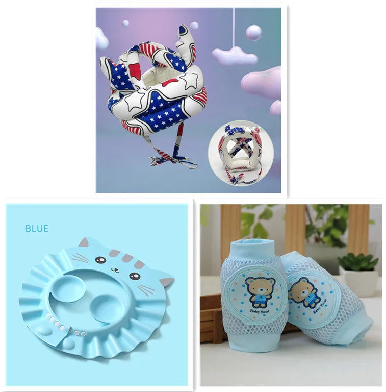 Baby shower cap with ear protectors in cartoon pattern colours on white background