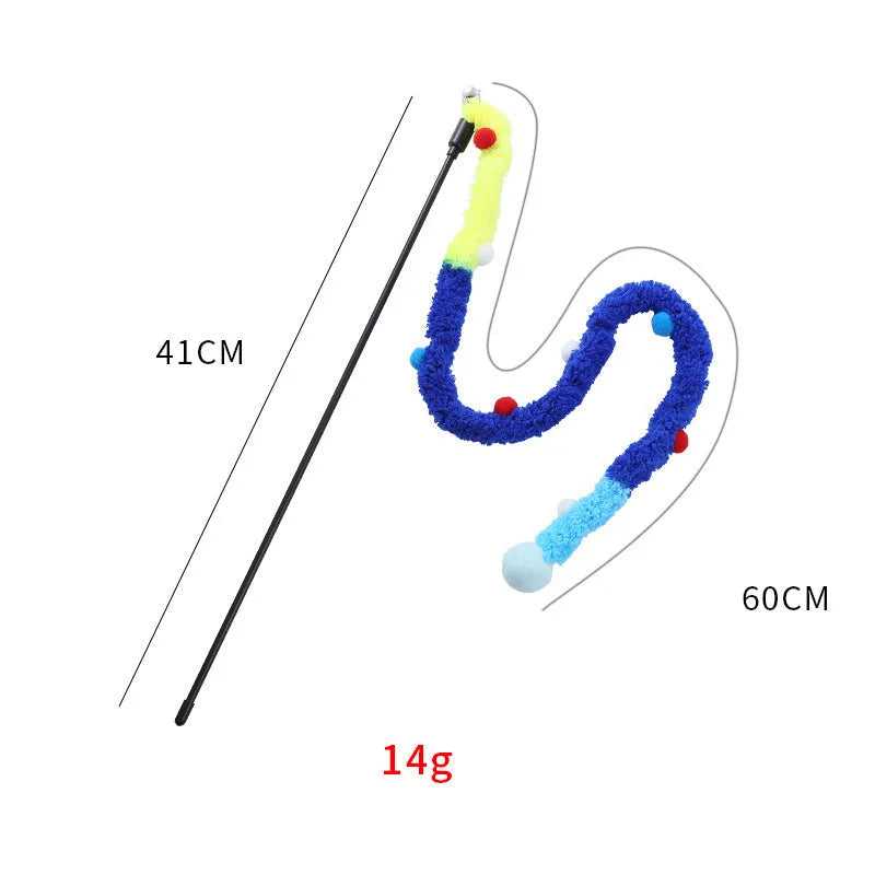 Blue interactive cat wand toy with long plush strip and fluffy bell ball on a pole.