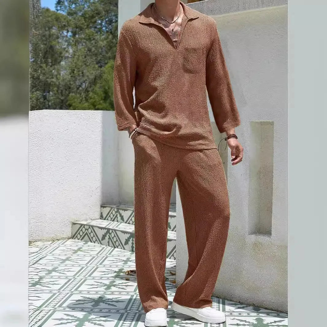 Men's casual shirt and trousers commuter suit set in lake blue, khaki, black, and caramel colours.