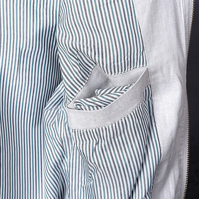 Men's thin cotton linen jacket in blue, displayed on a hanger