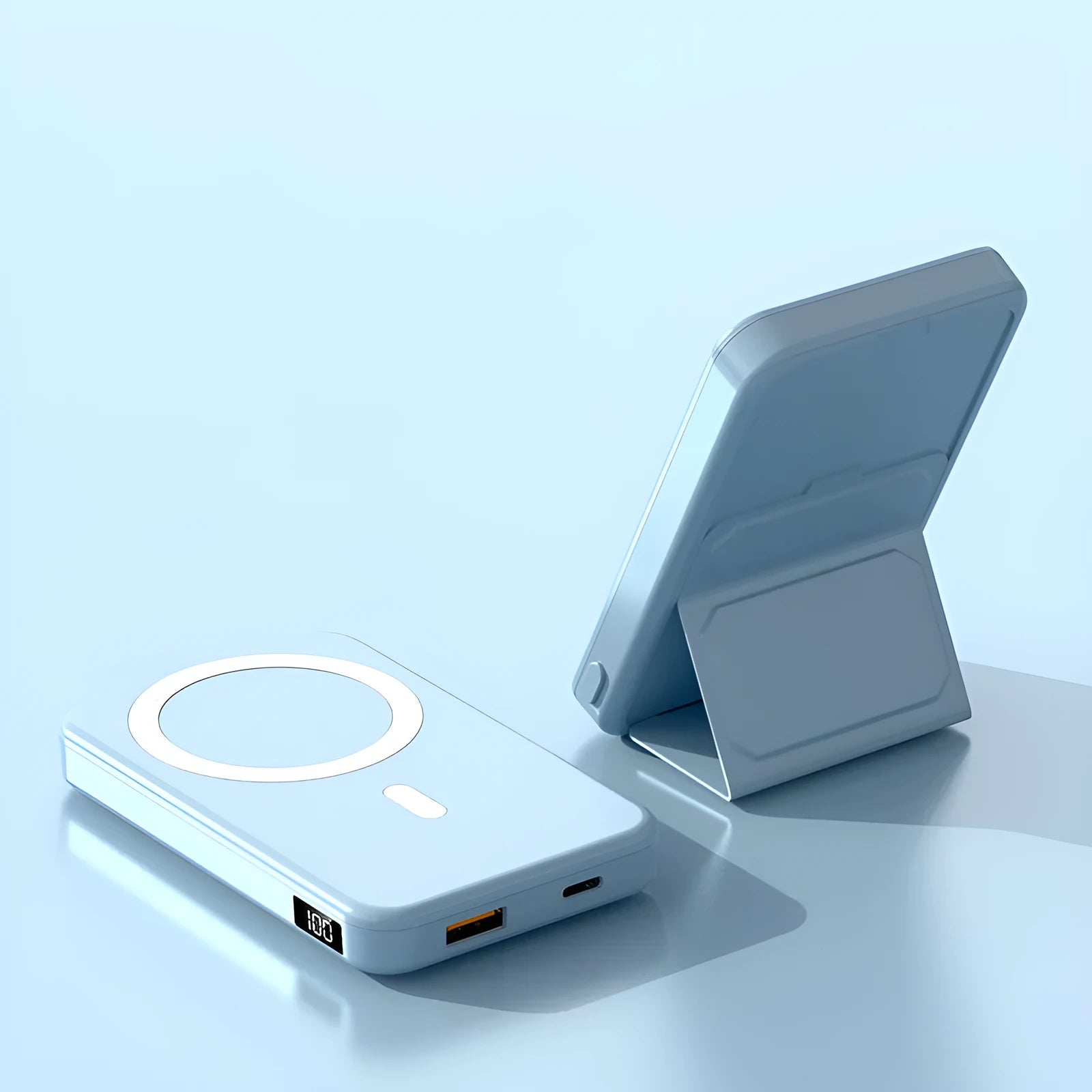 Magnetic wireless charging power bank with folding stand open, showing colour options.
