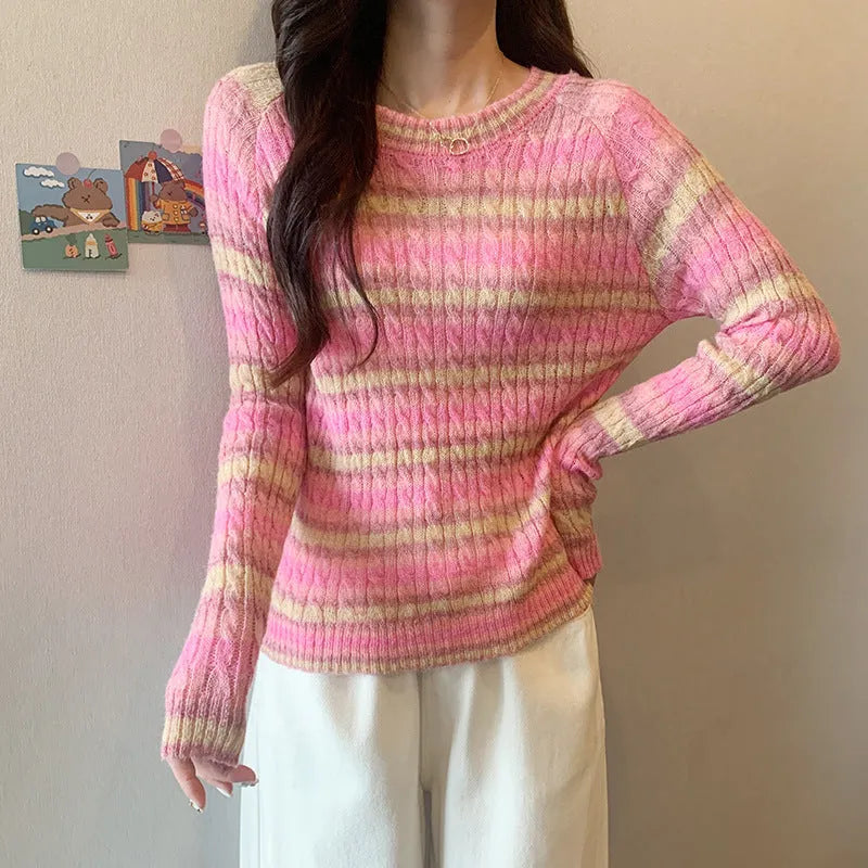 Women's striped round neck pullover sweater in pink or purple, slim fit, long sleeves, 50cm length, average size