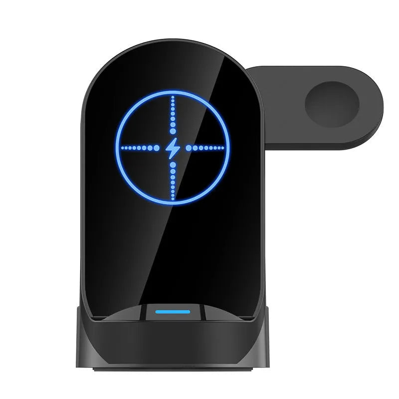 Black grey foldable 3-in-1 wireless charging stand showing phone upright, watch on dock, and headphones case charging.