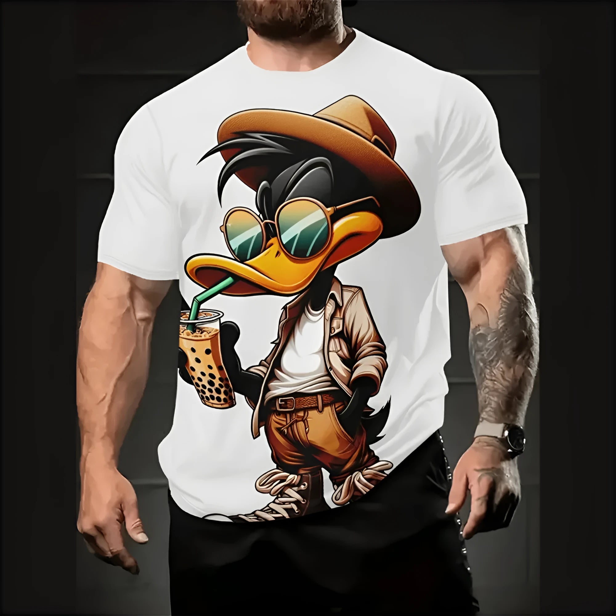 Men's loose casual short sleeve shirt with 3D cartoon print in milk silk fabric.