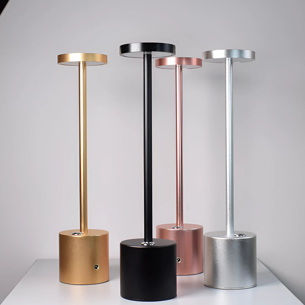 Aluminium rechargeable touch desk lamp in silver finish showing dimmable LED light.