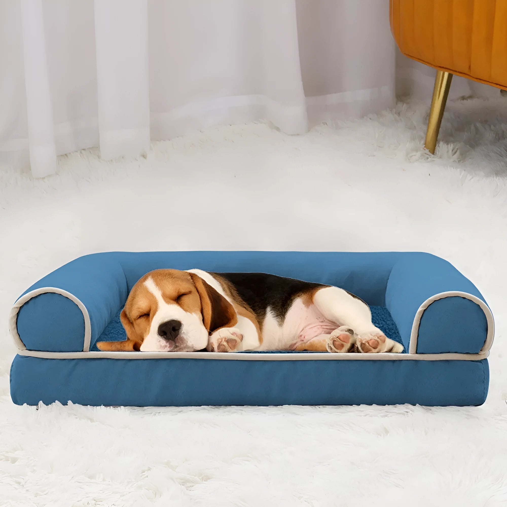 Square dark grey cloth dog bed with sponge filling on a wooden floor