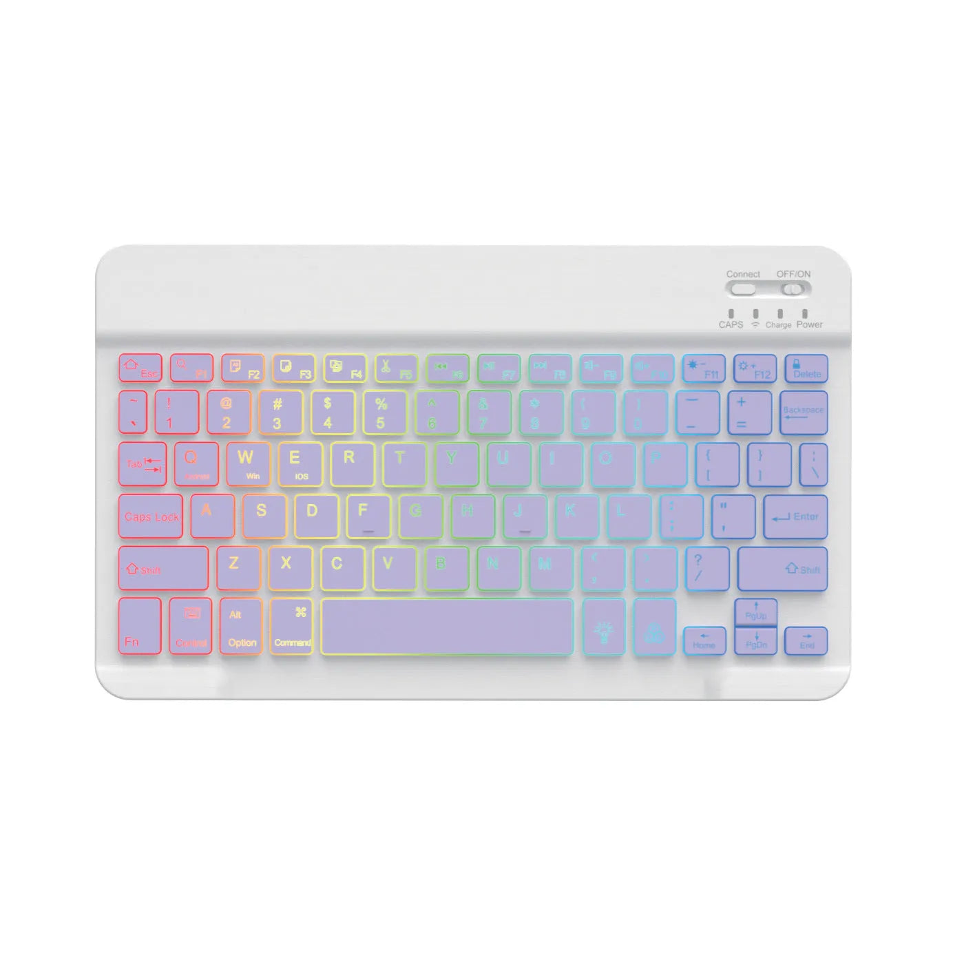 10-inch backlit Bluetooth keyboard for tablets showing colourful lighting with charging cable