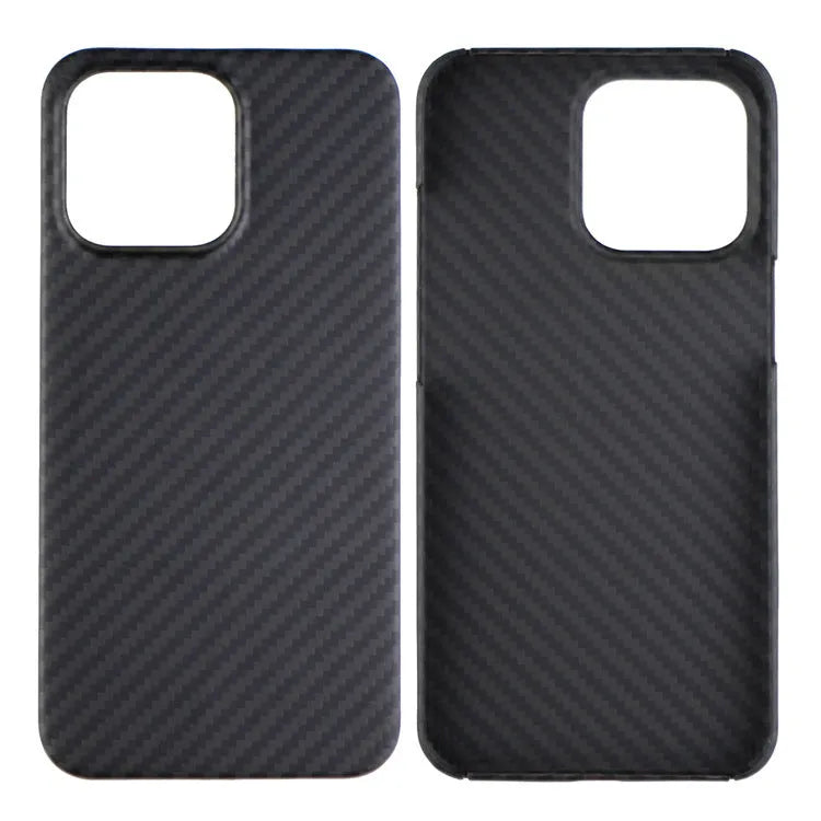 Dull Black Kevlar fibre iPhone case with Volcanic Crater texture, shown from the back.