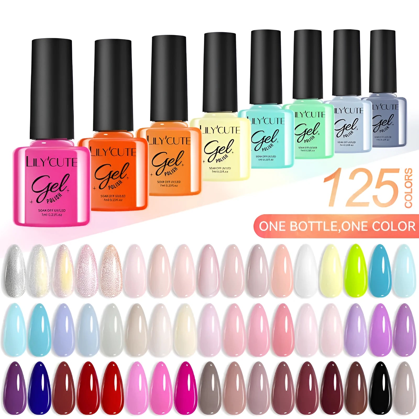 Set of twenty bottles of UV gel nail polish in solid and glitter colours for nail art.