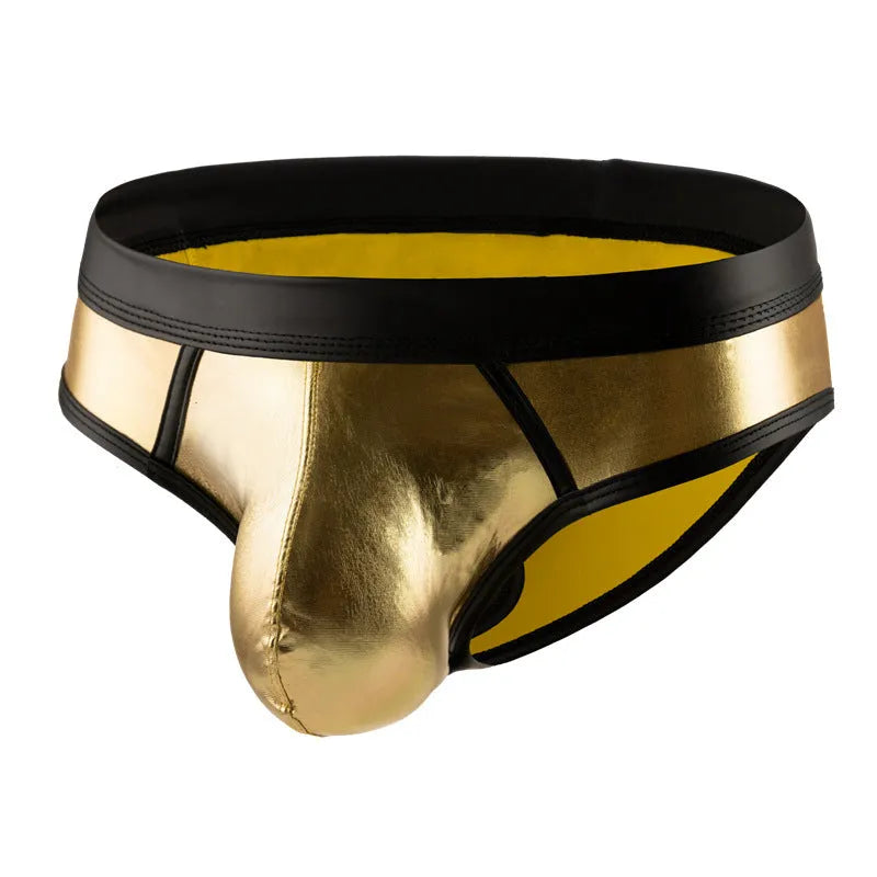 Men's gold patent leather polyester bikini swim briefs on a plain background