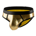 Men's gold patent leather polyester bikini swim briefs on a plain background